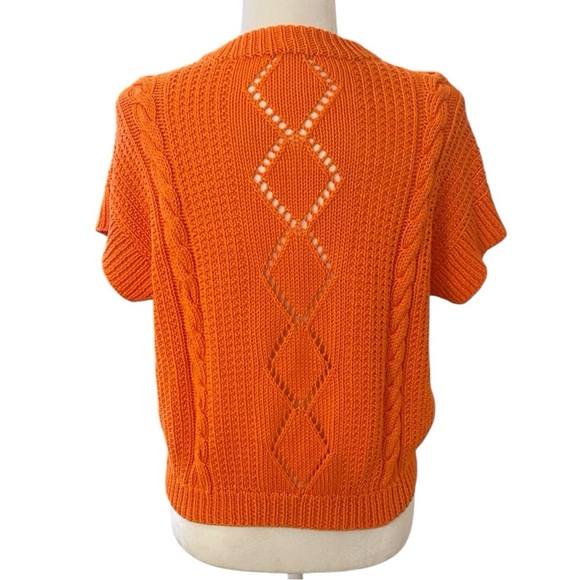 Vintage Handmade Womens Orange Crochet Short Sleeve Sweater - Picture 4 of 5